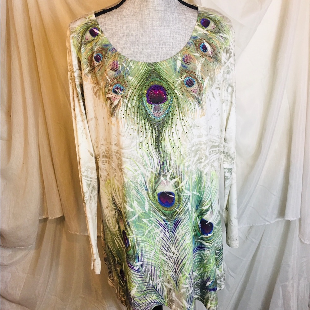 indigo soul White Green Peacock Feather Tunic Top